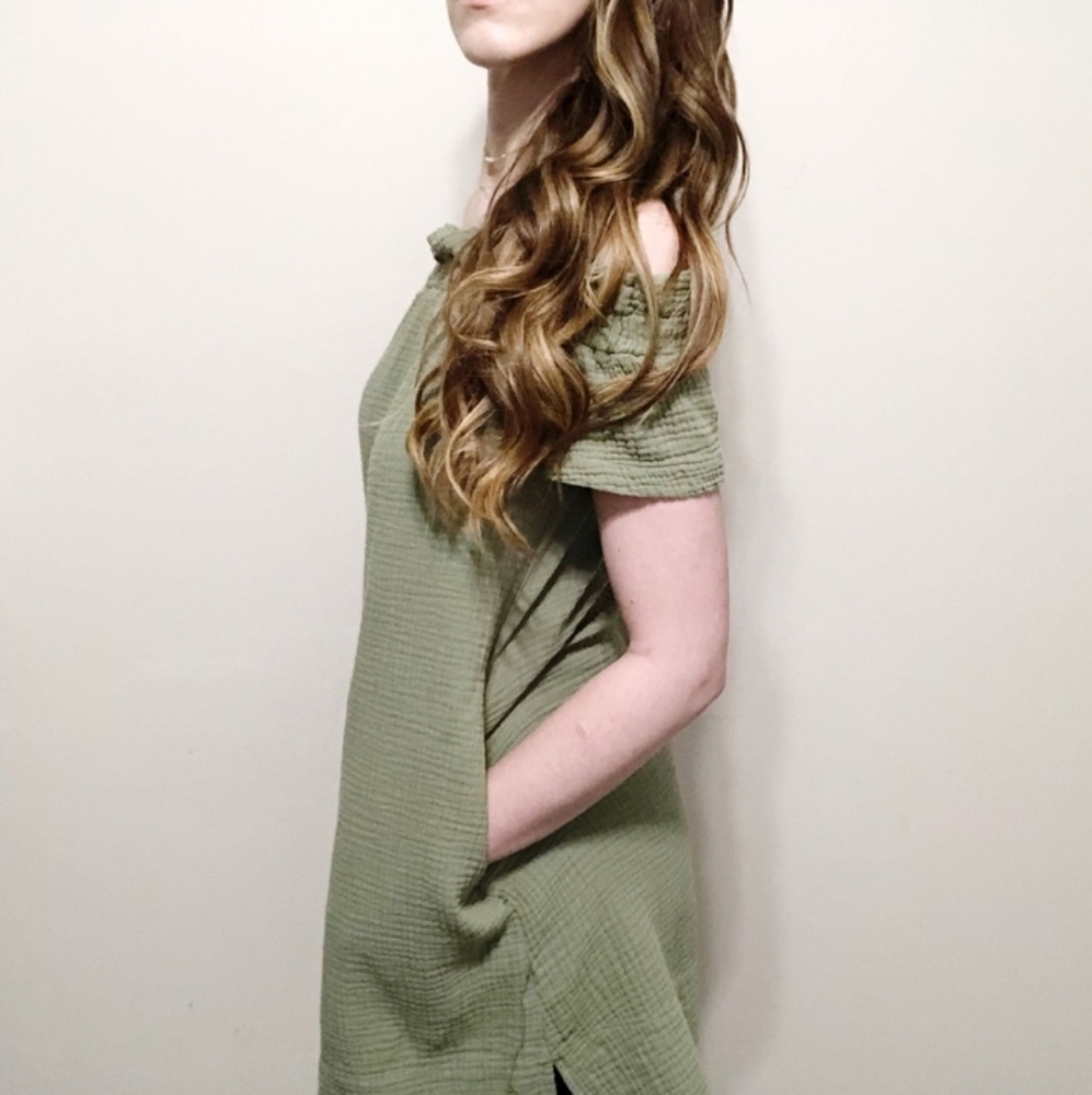 Anthropologie Amadi Olive Dress. Elastic Shoulders & Textured Fabric.100% Cotton